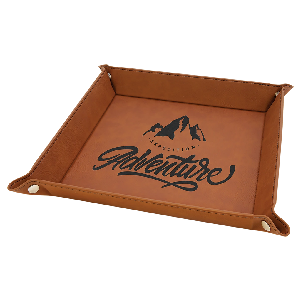Brown leather tray with 'Expedition Adventure' text and mountain design on a white background