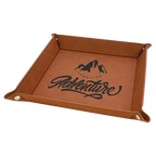 Brown leather tray with 'Expedition Adventure' text and mountain design on a white background