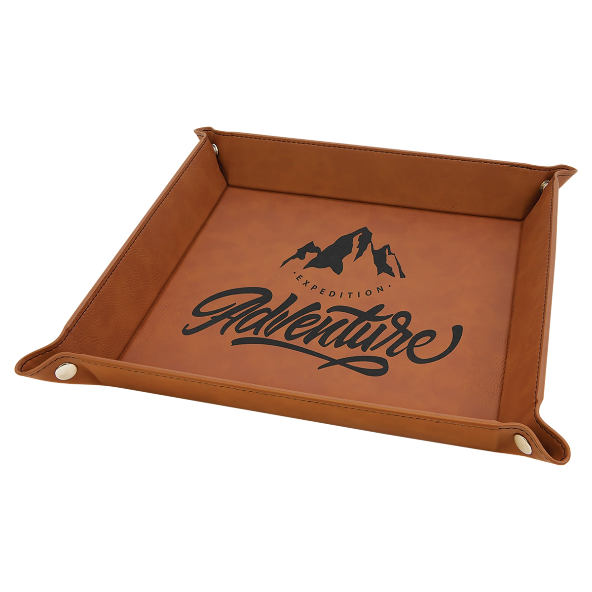 Brown leather tray with 'Expedition Adventure' text and mountain design on a white background