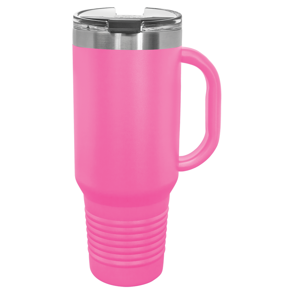 Pink travel mug with a handle